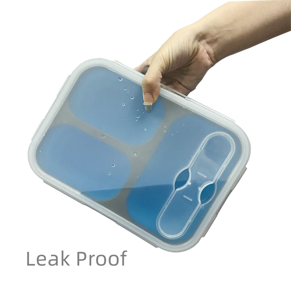 Collapsible Silicone Food Storage Container BENTO Box with lid for Kids & Adult, 3 compartments BPA free Foldable Lunch Box, Microwave, Freezer & Dishwasher Safe