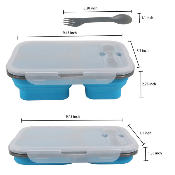 Collapsible Silicone Food Storage Container BENTO Box with lid for Kids & Adult, 3 compartments BPA free Foldable Lunch Box, Microwave, Freezer & Dishwasher Safe