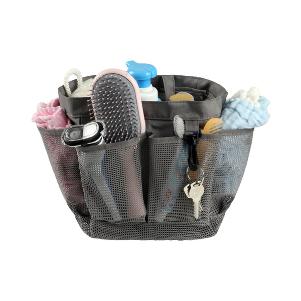 Loft97 CC9XX Mesh Portable Shower Caddy - Quick Dry Shower Tote Bag, Bathroom Organizer Bag with a Large Main Storage Area and 6 Large Pockets - Includes Shower Liner and Shower Hooks - Gray
