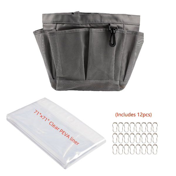 Loft97 CC9XX Mesh Portable Shower Caddy - Quick Dry Shower Tote Bag, Bathroom Organizer Bag with a Large Main Storage Area and 6 Large Pockets - Includes Shower Liner and Shower Hooks - Gray