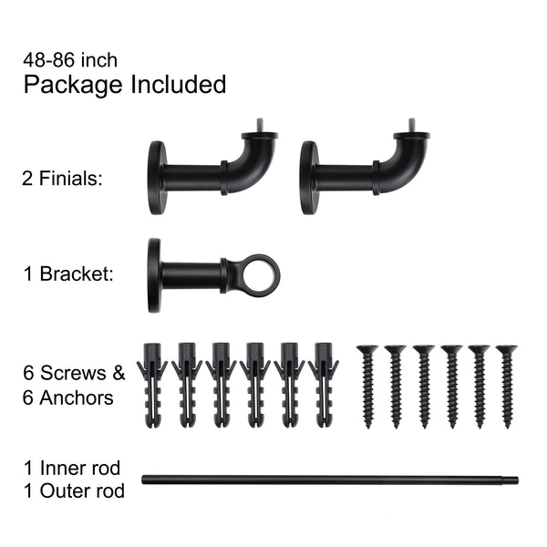Loft97 D192/4/8XX Wall Mounted 1 inch Industrial Curtain Rods for Windows, Blackout Curtain Rod, Wrap Around Heavy Duty Curtain Rods, Indoor and Outdoor, Rustic Style, Matte Black