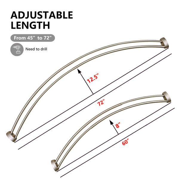 Loft97 DCR9XX Rustproof Wall Mounted Aluminum Double Curved Shower Curtain Rod, Screw Mount Rod, Stronger and More Secure Than Tension, Adjustable Double Shower Rod from 45" to 72", Expandable, Includes shower liner and shower hooks