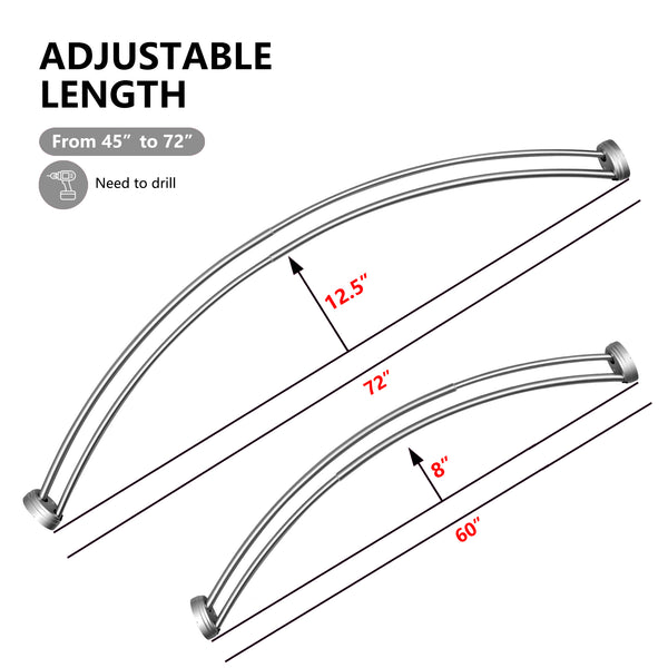 Loft97 DCR9XX Rustproof Wall Mounted Aluminum Double Curved Shower Curtain Rod, Screw Mount Rod, Stronger and More Secure Than Tension, Adjustable Double Shower Rod from 45" to 72", Expandable, Includes shower liner and shower hooks