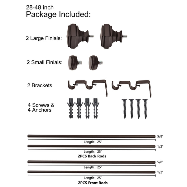 LOFT97 DD162/4/8RB Wall Mounted Window Treatment Telescoping Double Curtain Rod Set with Classic Cap, 5/8-Inch Diameter, Oil Rubbed Bronze
