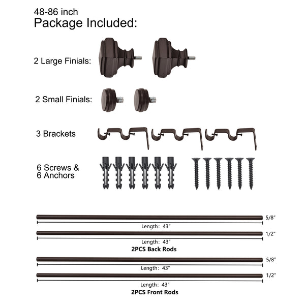 LOFT97 DD162/4/8RB Wall Mounted Window Treatment Telescoping Double Curtain Rod Set with Classic Cap, 5/8-Inch Diameter, Oil Rubbed Bronze