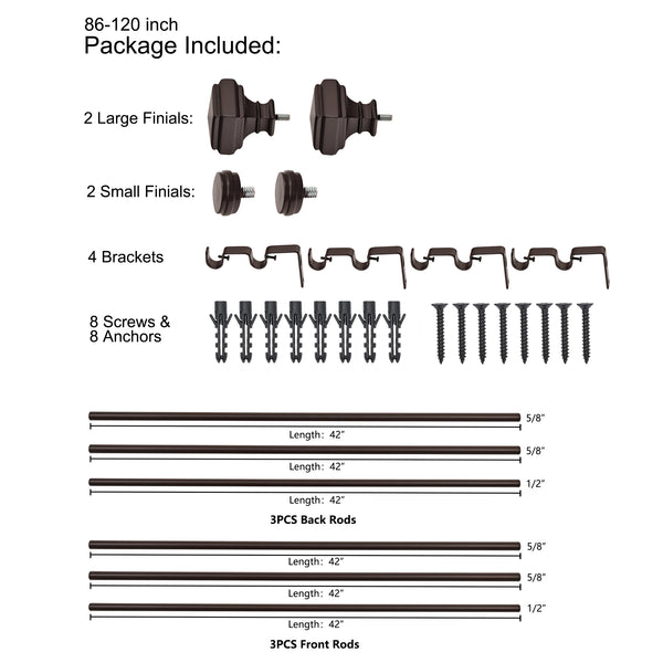 LOFT97 DD162/4/8RB Wall Mounted Window Treatment Telescoping Double Curtain Rod Set with Classic Cap, 5/8-Inch Diameter, Oil Rubbed Bronze