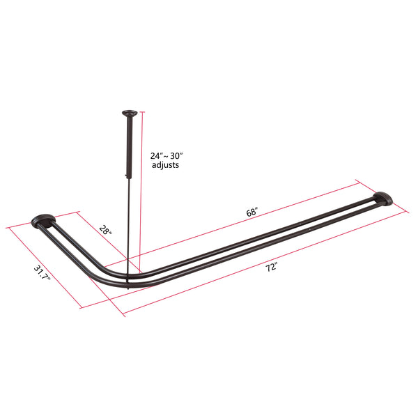 Loft97 DLR1XX Rustproof Wall Mounted Aluminum Double L Shaped Shower Curtain Rod 72" L x 31.7" W,  with 24 Shower Liner Hooks for interior rod included  & Ceiling Support , Wall Mounted