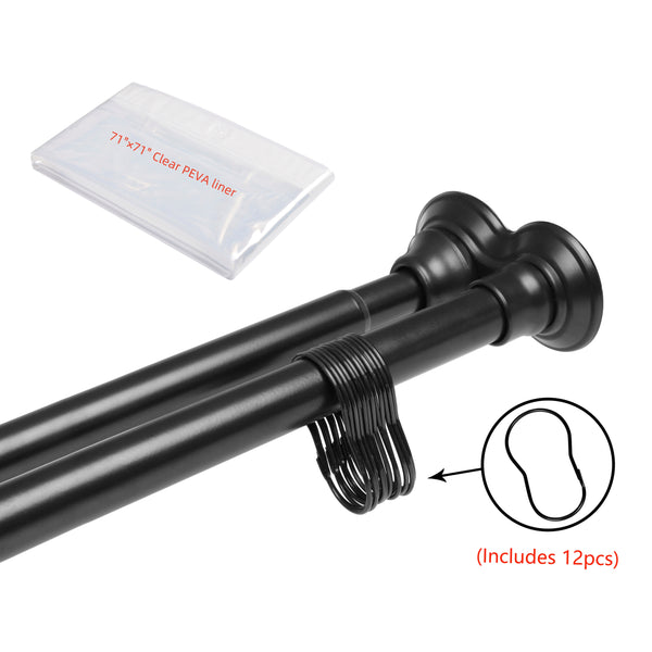 Loft97 DS9XX Adjustable 72-Inch Double Shower Curtain Tension Rods - Rust-Proof Aluminum with  Rubber End Cap, Easy Installation - Extendable, Ideal for Bathroom, Retractable, Wall-to-Wall - No Drilling, Includes shower rings and shower liner
