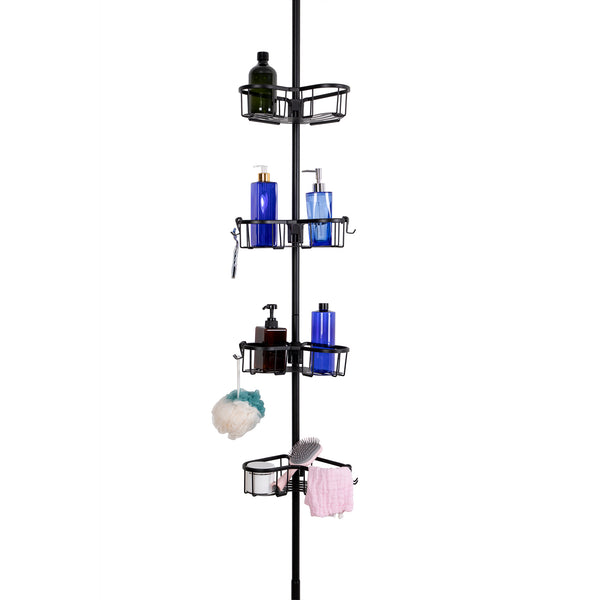Loft97 PC3XX Flat Shelf Tension Rod Shower Organizer - Rustproof Corner Shower Caddy with 4 Adjustable Shelves - Stand Up Shower Corner Shelf, Bathtub Corner Rack, Satin Chrome & Matte Black