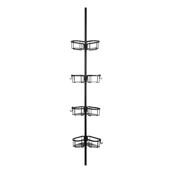 Loft97 PC3XX Flat Shelf Tension Rod Shower Organizer - Rustproof Corner Shower Caddy with 4 Adjustable Shelves - Stand Up Shower Corner Shelf, Bathtub Corner Rack, Satin Chrome & Matte Black