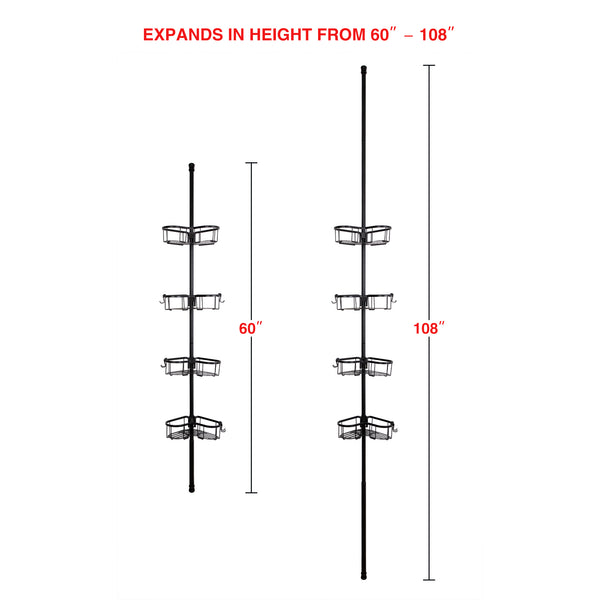 Loft97 PC3XX Flat Shelf Tension Rod Shower Organizer - Rustproof Corner Shower Caddy with 4 Adjustable Shelves - Stand Up Shower Corner Shelf, Bathtub Corner Rack, Satin Chrome & Matte Black