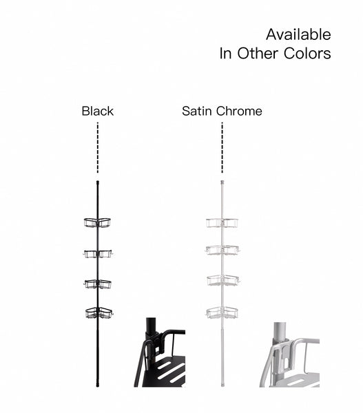 Loft97 PC3XX Flat Shelf Tension Rod Shower Organizer - Rustproof Corner Shower Caddy with 4 Adjustable Shelves - Stand Up Shower Corner Shelf, Bathtub Corner Rack, Satin Chrome & Matte Black