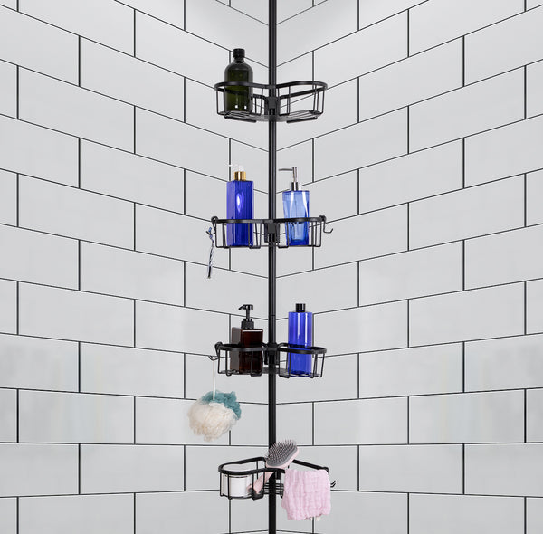 Loft97 PC3XX Flat Shelf Tension Rod Shower Organizer - Rustproof Corner Shower Caddy with 4 Adjustable Shelves - Stand Up Shower Corner Shelf, Bathtub Corner Rack, Satin Chrome & Matte Black