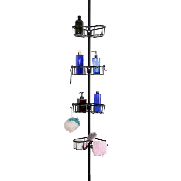 Loft97 PC9XX Flat Shelf Tension Rod Shower Organizer - Rustproof Corner Shower Caddy with 4 Adjustable Shelves - Stand Up Shower Corner Shelf, Bathtub Corner Rack - Includes Shower Liner and Shower Hooks