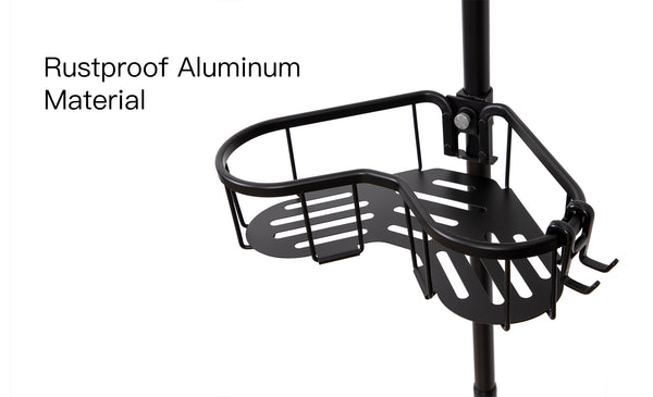 Loft97 PC9XX Flat Shelf Tension Rod Shower Organizer - Rustproof Corner Shower Caddy with 4 Adjustable Shelves - Stand Up Shower Corner Shelf, Bathtub Corner Rack - Includes Shower Liner and Shower Hooks