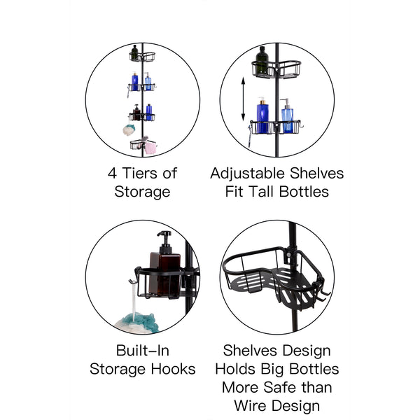 Loft97 PC9XX Flat Shelf Tension Rod Shower Organizer - Rustproof Corner Shower Caddy with 4 Adjustable Shelves - Stand Up Shower Corner Shelf, Bathtub Corner Rack - Includes Shower Liner and Shower Hooks