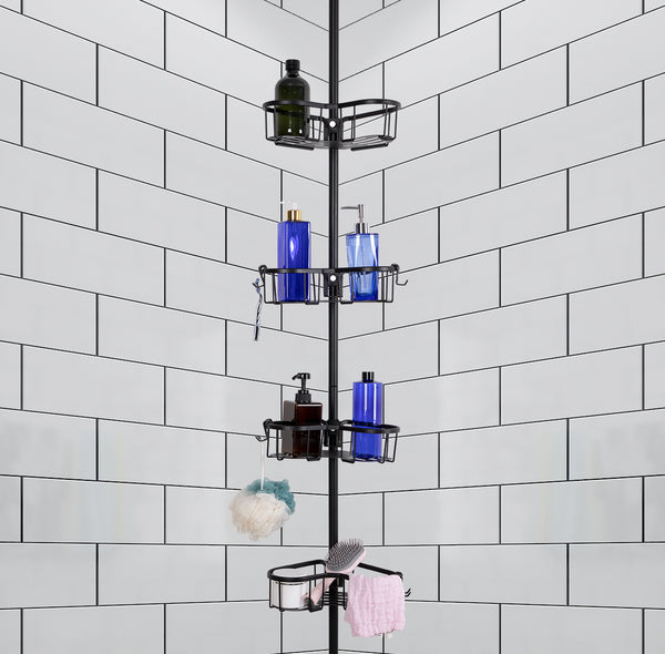 Loft97 PC9XX Flat Shelf Tension Rod Shower Organizer - Rustproof Corner Shower Caddy with 4 Adjustable Shelves - Stand Up Shower Corner Shelf, Bathtub Corner Rack - Includes Shower Liner and Shower Hooks