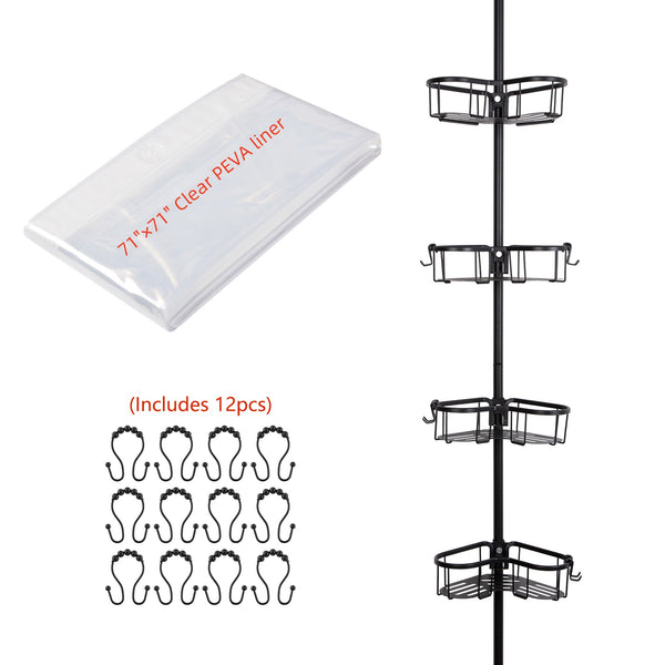 Loft97 PC9XX Flat Shelf Tension Rod Shower Organizer - Rustproof Corner Shower Caddy with 4 Adjustable Shelves - Stand Up Shower Corner Shelf, Bathtub Corner Rack - Includes Shower Liner and Shower Hooks