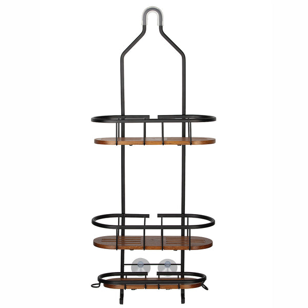 Loft97 SHC6XX Tia Rustproof Teak Overhead Shower Caddy with 3 Shelves - Decorative Shower Rack for Shampoo & Toiletries Storage, Hanging Shower Head Organizer for Bathroom Accessories & Guest Bathrooms - Black Finish & Satin Chrome Finish