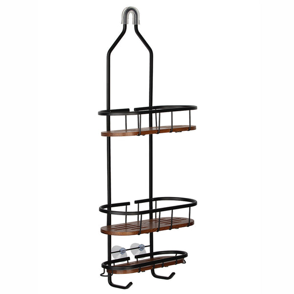 Loft97 SHC6XX Tia Rustproof Teak Overhead Shower Caddy with 3 Shelves - Decorative Shower Rack for Shampoo & Toiletries Storage, Hanging Shower Head Organizer for Bathroom Accessories & Guest Bathrooms - Black Finish & Satin Chrome Finish