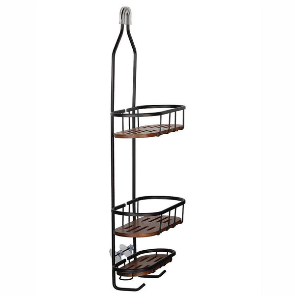 Loft97 SHC6XX Tia Rustproof Teak Overhead Shower Caddy with 3 Shelves - Decorative Shower Rack for Shampoo & Toiletries Storage, Hanging Shower Head Organizer for Bathroom Accessories & Guest Bathrooms - Black Finish & Satin Chrome Finish