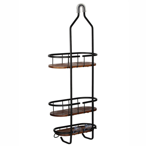 Loft97 SHC6XX Tia Rustproof Teak Overhead Shower Caddy with 3 Shelves - Decorative Shower Rack for Shampoo & Toiletries Storage, Hanging Shower Head Organizer for Bathroom Accessories & Guest Bathrooms - Black Finish & Satin Chrome Finish