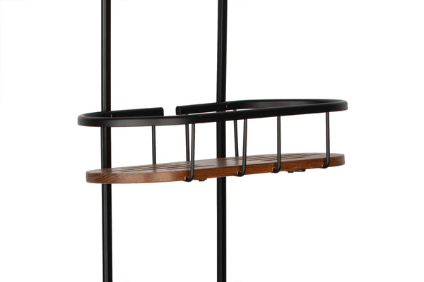 Loft97 SHC6XX Tia Rustproof Teak Overhead Shower Caddy with 3 Shelves - Decorative Shower Rack for Shampoo & Toiletries Storage, Hanging Shower Head Organizer for Bathroom Accessories & Guest Bathrooms - Black Finish & Satin Chrome Finish