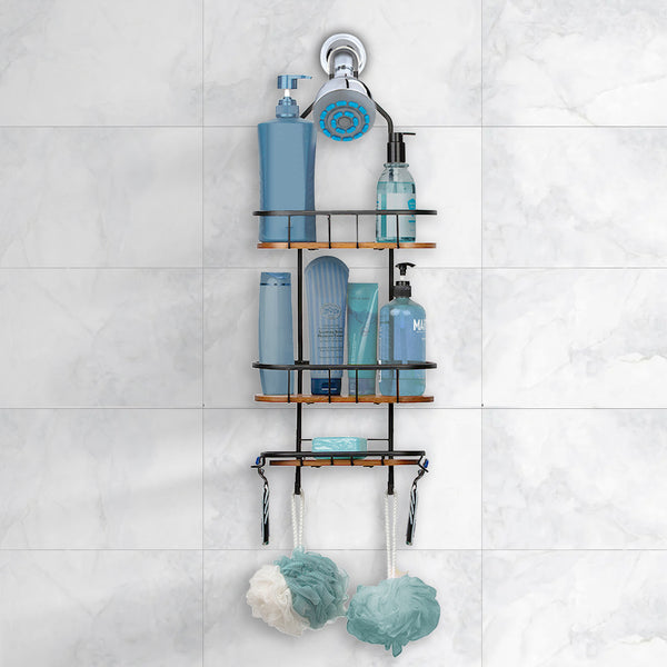 Loft97 SHC6XX Tia Rustproof Teak Overhead Shower Caddy with 3 Shelves - Decorative Shower Rack for Shampoo & Toiletries Storage, Hanging Shower Head Organizer for Bathroom Accessories & Guest Bathrooms - Black Finish & Satin Chrome Finish