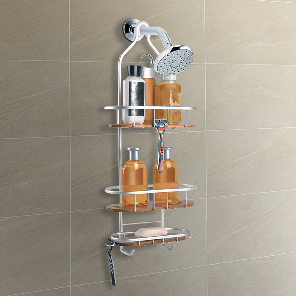 Loft97 SHC6XX Tia Rustproof Teak Overhead Shower Caddy with 3 Shelves - Decorative Shower Rack for Shampoo & Toiletries Storage, Hanging Shower Head Organizer for Bathroom Accessories & Guest Bathrooms - Black Finish & Satin Chrome Finish