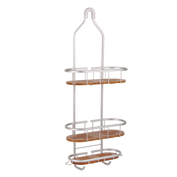 Loft97 SHC6XX Tia Rustproof Teak Overhead Shower Caddy with 3 Shelves - Decorative Shower Rack for Shampoo & Toiletries Storage, Hanging Shower Head Organizer for Bathroom Accessories & Guest Bathrooms - Black Finish & Satin Chrome Finish