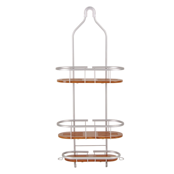 Loft97 SHC6XX Tia Rustproof Teak Overhead Shower Caddy with 3 Shelves - Decorative Shower Rack for Shampoo & Toiletries Storage, Hanging Shower Head Organizer for Bathroom Accessories & Guest Bathrooms - Black Finish & Satin Chrome Finish