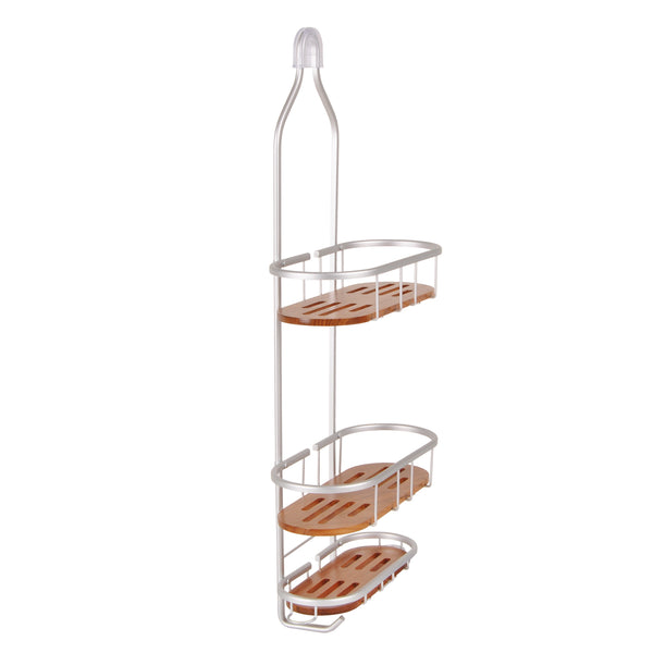 Loft97 SHC6XX Tia Rustproof Teak Overhead Shower Caddy with 3 Shelves - Decorative Shower Rack for Shampoo & Toiletries Storage, Hanging Shower Head Organizer for Bathroom Accessories & Guest Bathrooms - Black Finish & Satin Chrome Finish
