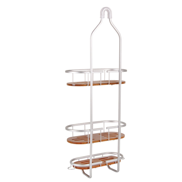 Loft97 SHC6XX Tia Rustproof Teak Overhead Shower Caddy with 3 Shelves - Decorative Shower Rack for Shampoo & Toiletries Storage, Hanging Shower Head Organizer for Bathroom Accessories & Guest Bathrooms - Black Finish & Satin Chrome Finish