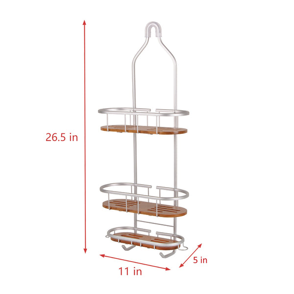Loft97 SHC6XX Tia Rustproof Teak Overhead Shower Caddy with 3 Shelves - Decorative Shower Rack for Shampoo & Toiletries Storage, Hanging Shower Head Organizer for Bathroom Accessories & Guest Bathrooms - Black Finish & Satin Chrome Finish