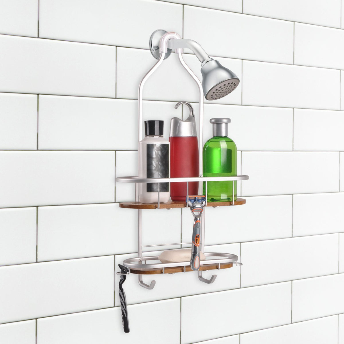 tia large over the showerhead rustproof shower caddy, teak shelves