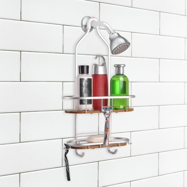 Loft97 SHC5XX Tia Rustproof Teak Overhead Shower Caddy with 2 Shelves - Decorative Shower Rack for Shampoo & Toiletries Storage, Hanging Shower Head Organizer for Bathroom Accessories & Guest Bathrooms