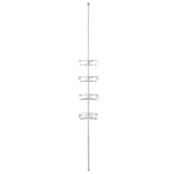 Loft97 PC3XX Flat Shelf Tension Rod Shower Organizer - Rustproof Corner Shower Caddy with 4 Adjustable Shelves - Stand Up Shower Corner Shelf, Bathtub Corner Rack, Satin Chrome & Matte Black