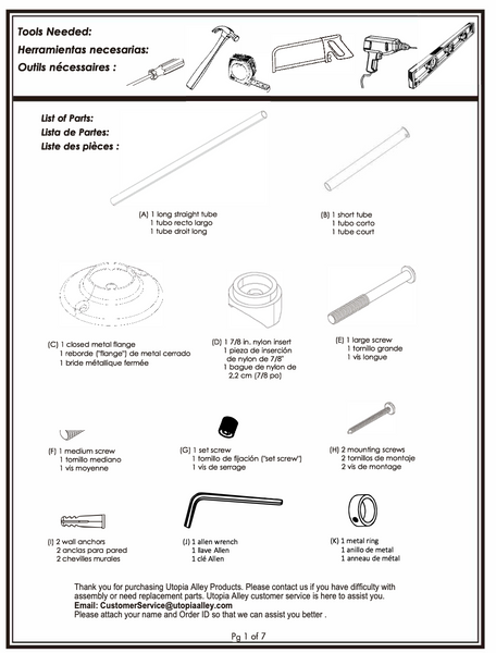 Loft97 VS1GD Rustproof Wall Mounted L-Shaped Corner Rod Vertical Ceiling Support Bar, Gold