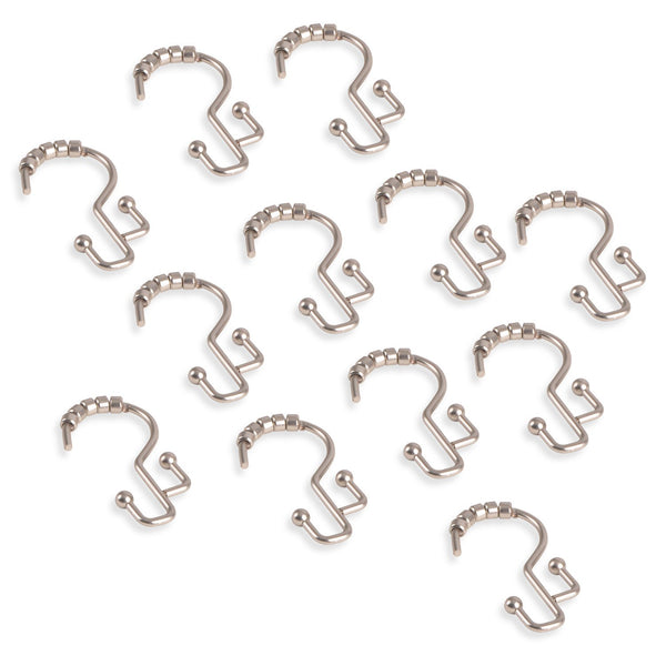 Loft97 HK3BN Shower Hooks - Double Shower Curtain Rings for Bathroom - Rust Resistant Shower Curtain Hooks for Shower Curtain or Liner -  Double Roller Shower Curtain Hooks - Set of 12, Brushed Nickel
