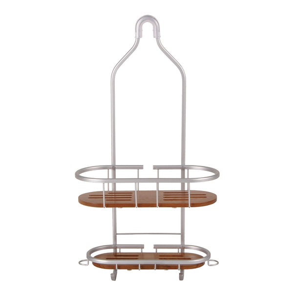Loft97 SHC5XX Tia Rustproof Teak Overhead Shower Caddy with 2 Shelves - Decorative Shower Rack for Shampoo & Toiletries Storage, Hanging Shower Head Organizer for Bathroom Accessories & Guest Bathrooms