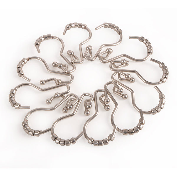 Loft97 HK3BN Shower Hooks - Double Shower Curtain Rings for Bathroom - Rust Resistant Shower Curtain Hooks for Shower Curtain or Liner -  Double Roller Shower Curtain Hooks - Set of 12, Brushed Nickel