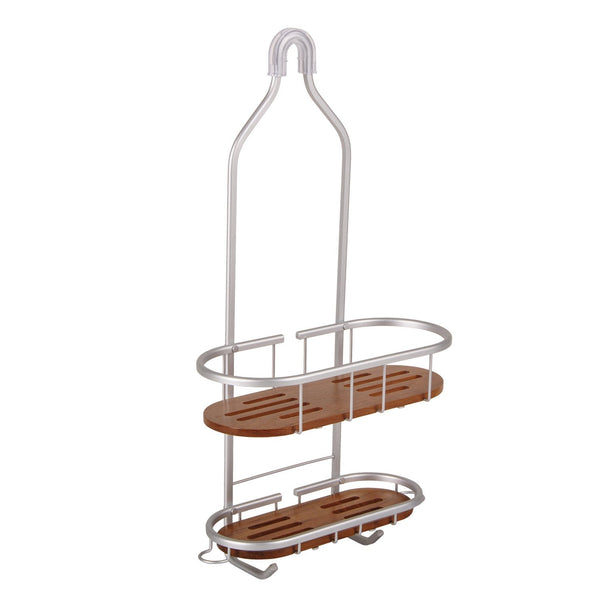 Loft97 SHC5XX Tia Rustproof Teak Overhead Shower Caddy with 2 Shelves - Decorative Shower Rack for Shampoo & Toiletries Storage, Hanging Shower Head Organizer for Bathroom Accessories & Guest Bathrooms