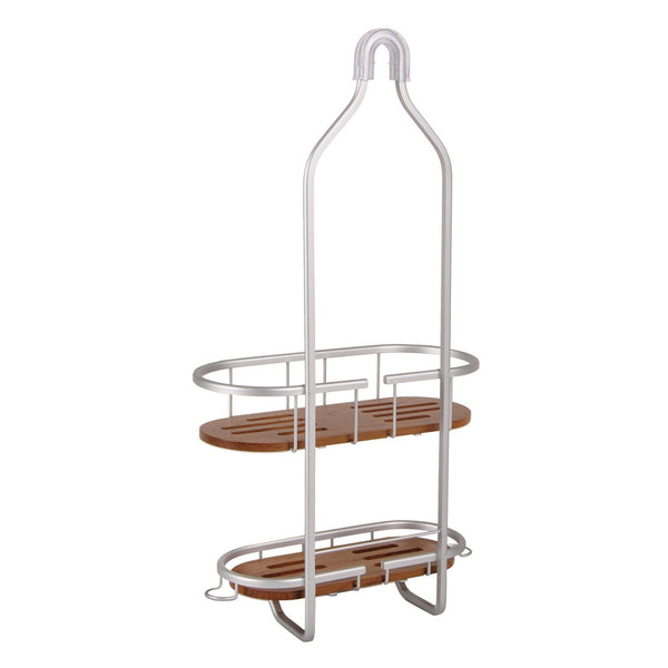 Loft97 SHC5XX Tia Rustproof Teak Overhead Shower Caddy with 2 Shelves - Decorative Shower Rack for Shampoo & Toiletries Storage, Hanging Shower Head Organizer for Bathroom Accessories & Guest Bathrooms