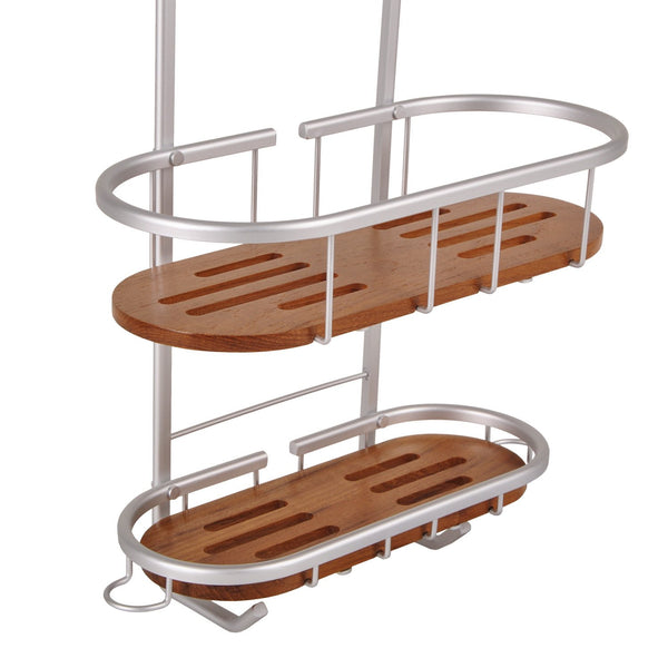 Loft97 SHC5XX Tia Rustproof Teak Overhead Shower Caddy with 2 Shelves - Decorative Shower Rack for Shampoo & Toiletries Storage, Hanging Shower Head Organizer for Bathroom Accessories & Guest Bathrooms