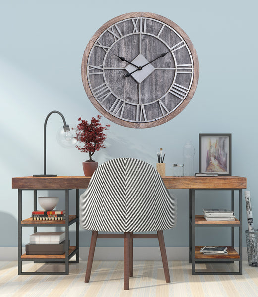 Loft97 CL30GY Industrial Wall Clock - Large Wall Clock, Big Clocks For Living Room Decor Or Dining Room Decor, Decorative Wall Clocks, Iron Wall Decor, Metal Wall Clock (28" Roman, Grey Wood)