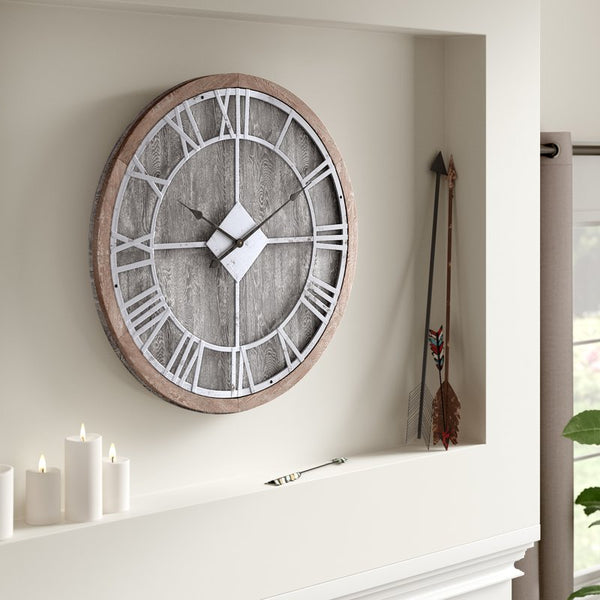 Loft97 CL30GY Industrial Wall Clock - Large Wall Clock, Big Clocks For Living Room Decor Or Dining Room Decor, Decorative Wall Clocks, Iron Wall Decor, Metal Wall Clock (28" Roman, Grey Wood)