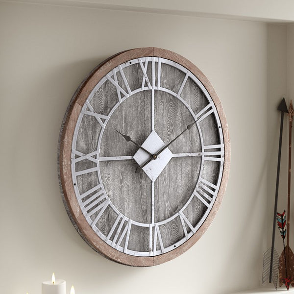 Loft97 CL30GY Industrial Wall Clock - Large Wall Clock, Big Clocks For Living Room Decor Or Dining Room Decor, Decorative Wall Clocks, Iron Wall Decor, Metal Wall Clock (28" Roman, Grey Wood)