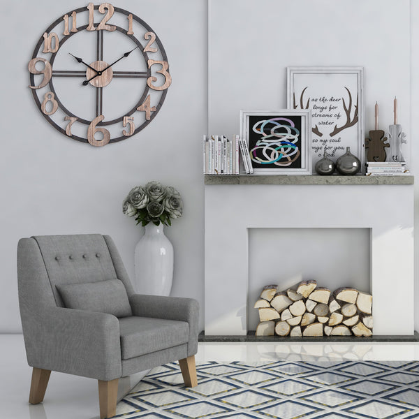 Loft97 CL34BK Oversize Roman Round Wall Clock, 28" Diameter, Multi-Tone Wood Finish