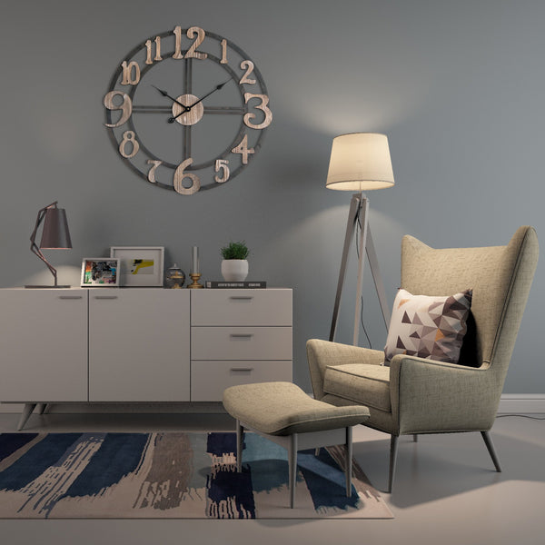 Loft97 CL34BK Oversize Roman Round Wall Clock, 28" Diameter, Multi-Tone Wood Finish