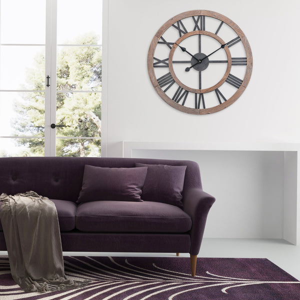 Loft97 CL36GY Industrial Wall Clock - Large Wall Clock, Big Clocks For Living Room Decor Or Dining Room Decor, Decorative Wall Clocks, Iron Wall Decor, Metal Wall Clock (24" Roman, Multi-Tone Wood)